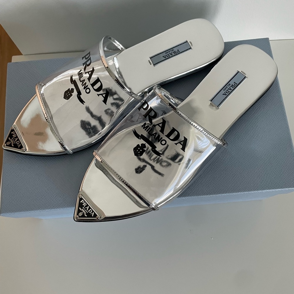 New never been worn Prada  logo print plexiglass slides
